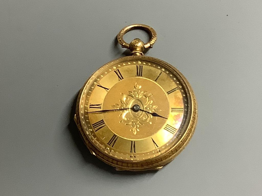 An 18k yellow metal open faced pocket watch, case diameter 38mm, gross 47 grams.